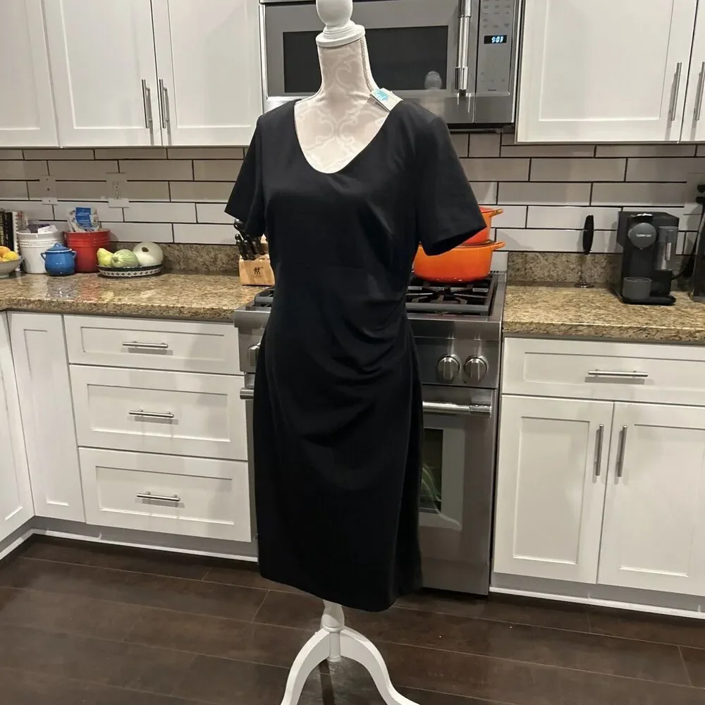 Boden Women Madison Ponte Dress Knee Length Black Sz 12 V Neck Shirred NWT